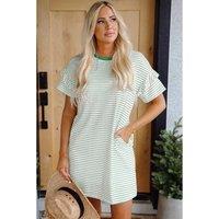 Everyday The Label Women's Green Stripe Ruffled Short Sleeve Crew Neck T-Shirt Shift Mini Dress | Size: Medium