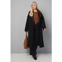 Wallis Women's Petite Leopard Faux Fur Collar Coat in Black | Size: 16