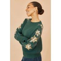 Yumi Women's Green Relaxed Fit Jumper With Sequin Star Sleeves | Size: Large