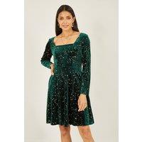 Yumi Women's Green Star Foil Print Long Sleeve Skater Dress | Size: 16