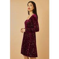 Yumi Women's Burgundy Star Foil Print Long Sleeve Skater Dress | Size: 10
