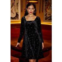 Yumi Women's Black Starburst Foil Print Long Sleeve Skater Dress | Size: 18