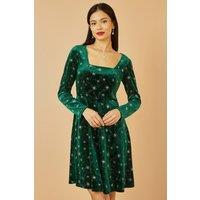 Yumi Women's Green Starburst Foil Print Long Sleeve Skater Dress | Size: 12
