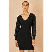 Yumi Women's Black Knitted Fitted Dress With Sequin Sleeves | Size: Small