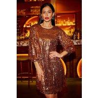 Yumi Women's Gold Sequin Tunic Dress With Balloon Sleeves | Size: 12