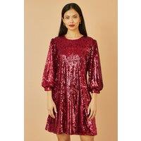 Yumi Women's Burgundy Sequin Tunic Dress With Balloon Sleeves | Size: 14