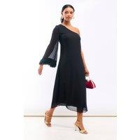 Needs No Label Women's Black Asymmetric Feather Cuff Dress | Size: 10