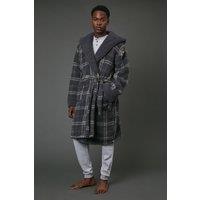 Maine Men's Grey Check Sherpa Hooded Dressing Gown | Size: Medium