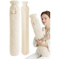 Keplin Extra Long Hot Water Bottle 2L with Fleece Cover, Black in Beige