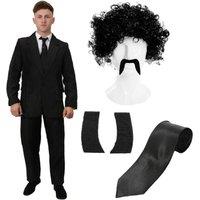 I Love Fancy Dress Men's Hitman Costume Suit, Wig, Tash, Side Burns & Tie in Black | Size: 2XL