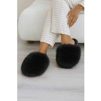 AJVANI Women's Slip On Mule Fluffy Indoor Slippers in Black | Size: Small