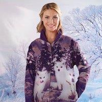 Coopers of Stortford Women's Purple Wolf Print Fleece Jacket with Zip Front & Stand-Up Collar | Size: 8-10