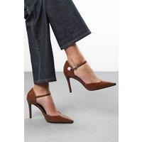 Where's That From Women's 'Winnie' Pointed Toe Stilleto Court Heeled Shoe with Buckle Strap in Brown | Size: 9