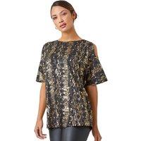 Roman Women's Metallic Print Cold Shoulder Stretch Top in Black | Size: 18