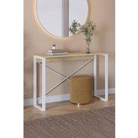 FWStyle Console Table Modern Natural Oak Design Metal Frame Cross Supports in White