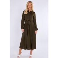 Love Sunshine Women's Layered Satin Long Sleeve Maxi Shirt Dress in Khaki | Size: 14