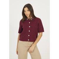 Brave Soul Women's Embellished Crew Neck Cable Knit Cardigan in Burgundy | Size: XS