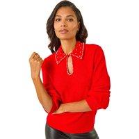 Roman Women's Faux Pearl Collared Keyhole Knit Jumper in Red | Size: 14