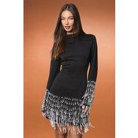 Coast Women's Long Sleeve Crepe Mini Dress With Pearl Fringe Embellishment in Black | Size: 10