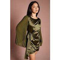 Coast Women's Petite Satin Pleated Flare Sleeve Wrap Mini Dress in Olive | Size: 8