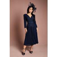 Coast Women's Petite Crepe Bodice Long Sleeve Pleated Midi Dress in Navy | Size: 6