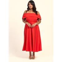 FASHION-SZN Women's Curve Bardot Flared Skirt Midi Skater Dress in Red | Size: 18