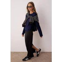 WOVCOR Women's Oversized Crew Neck Long Sleeve Knit Sweater with Button Detail in Navy | Size: Large