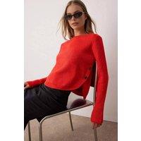 WOVCOR Women's Oversized Crew Neck Long Sleeve Knit Sweater with Button Detail in Red | Size: Medium
