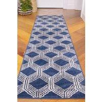 Kukoon Runner Rug Navy Blue Grey Modern Geometric Long Hallway Rugs | Size: 60 cm x 240 cm