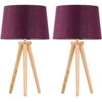 EONLION 2 Light Oak Table Lamp Bedside Lights Wood Tripod Burgundy Shade
