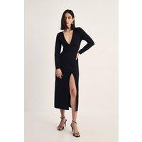 NastyGal Women's Plunging V-Neckline Split Long Sleeve Midi Dress in Black | Size: 12
