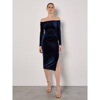 Apricot Women's Bardot Velvet Midi Dress in Navy | Size: 10