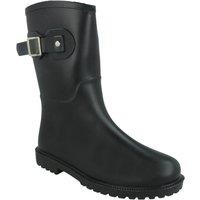 Down To Earth Women's Mid-Calf Buckle Detail Waterproof Wellington Boots in Black | Size: 8