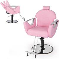 Gymax Reclining Salon Chair Barber Chair 360Swivel Hair Styling Chair-Pink in Pink