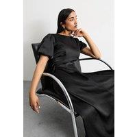 Warehouse Women's Heavy Satin Bow Detail Godet Midi Dress in Black | Size: 12