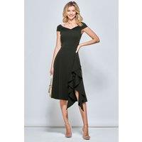 Jolie Moi Women's Off Shoulder Frill Ponte Midi Dress in Dark Green | Size: 8