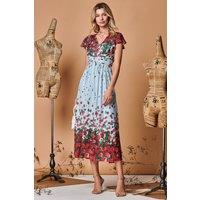 Jolie Moi Women's Symmetrical Floral Print Mesh Maxi Dress in Blue | Size: 10