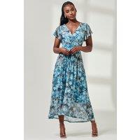 Jolie Moi Women's Wrap Dip Hem Mesh Maxi Dress in Blue | Size: 8