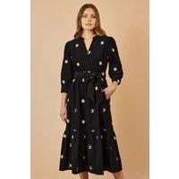 Yumi Women's Black Cosmic Embroidery Cord Midi Shirt Dress | Size: 12