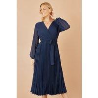 Yumi Women's Navy Pleated Wrap Midi Dress With Sheer Long Sleeves | Size: 16