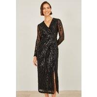 Yumi Women's Black Sequin Midi Wrap Dress With Split Hemline & Long Sleeves | Size: 10