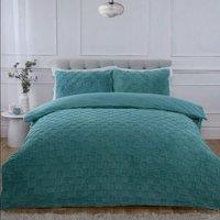 Rapport Home Luxury Check Teddy Polyester Fleece Duvet Cover Set with Pillowcase in Duck Egg Blue | Size: King