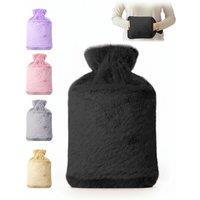 Keplin Two Tones Fluffy Hot Water Bottle 2L with Soft Faux Fur Cover in Black | Size: 1