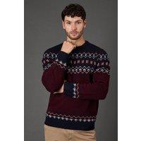 Maine Men's Burgundy Chunky Fairisle Pattern Christmas Jumper | Size: Large