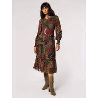 Apricot Women's Patchwork Chiffon Midi Dress in Green | Size: 10