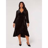 Apricot Women's Curve Velvet Wrap Midi Dress in Black | Size: 24