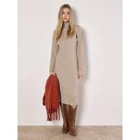 Apricot Women's Roll Neck Kntted Midi Dress in Stone | Size: 14
