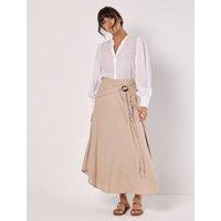 Apricot Women's Linen Blend Hanky Hem Midi Skirt in Stone | Size: 16