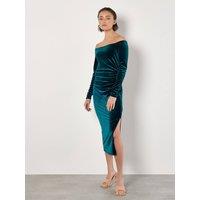 Apricot Women's Bardot Velvet Midi Dress in Green | Size: 10