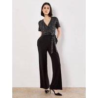 Apricot Women's Chevron Sequin Wide Leg Jumpsuit in Dark Grey | Size: 8